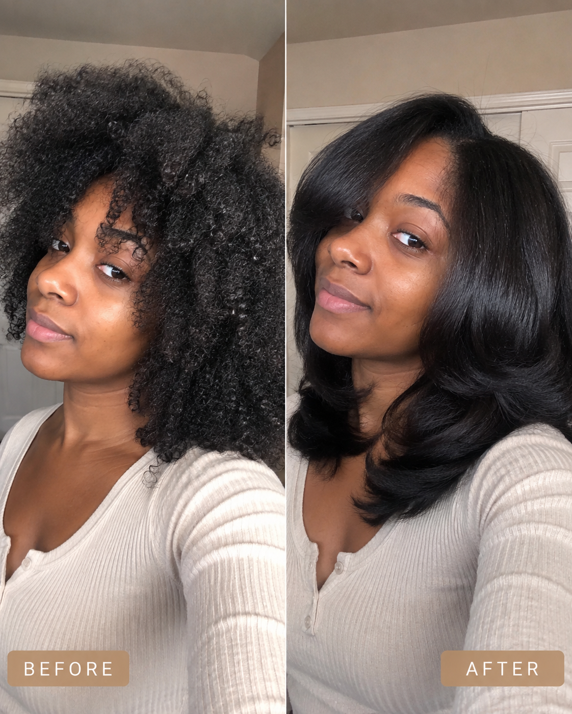 Before and after using the Bombshell Blowout Brush on natural hair